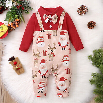 Newborn Baby Boys Christmas Clothes Bow Tie Long Sleeve Romper Jumpsuit Outfits