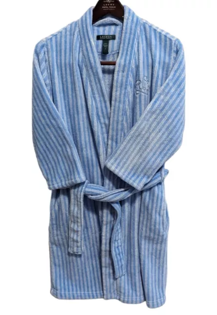 Ralph Lauren Polo Blue White Striped Bathrobe w Belt  Pockets Super Soft Small