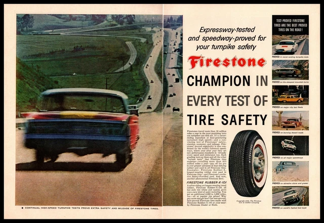 1960 Firestone Tire & Rubber X 101 Tires Turnpike Tested Proved 2-Page Print Ad