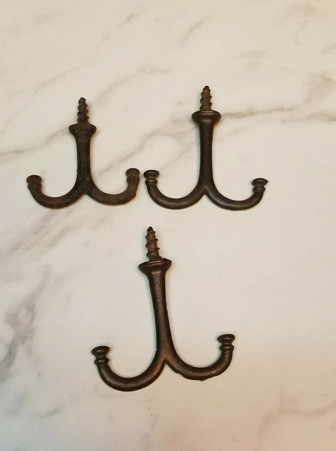 3 Vintage Double Coat Hooks School Farm Primitive Thick metal