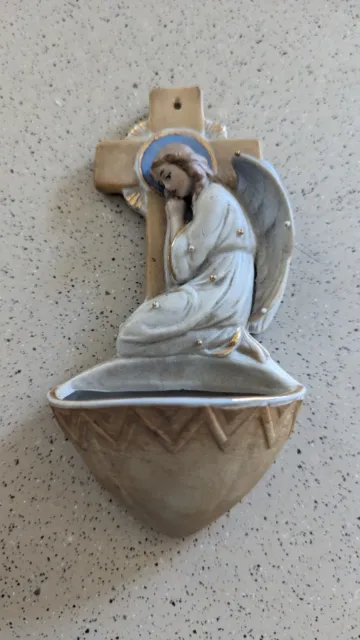 Vintage German Bisque Holy Water Font Angel Painted Porcelain Religious Germany