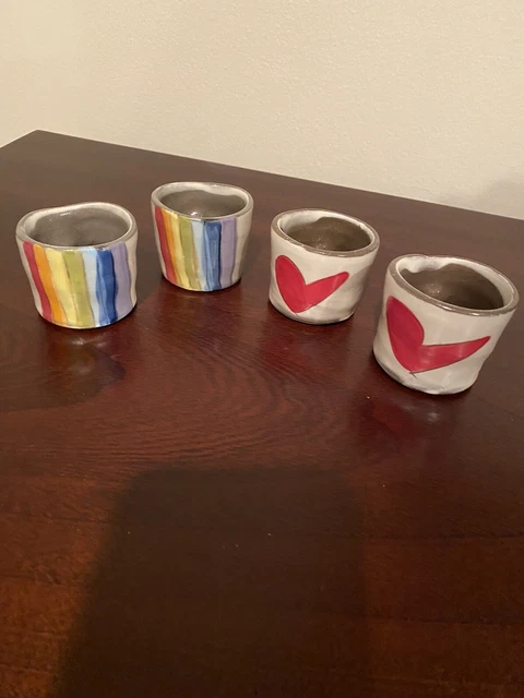 ZPOTS Pottery Set of 4 - Shot Glasses/Bud Vases NEW Wheel Thrown. Rainbow/Hearts ZPOTS Pottery Set of 4 - Shot Glasses/Bud Vases NEW Wheel Thrown. Rainbow/Hearts