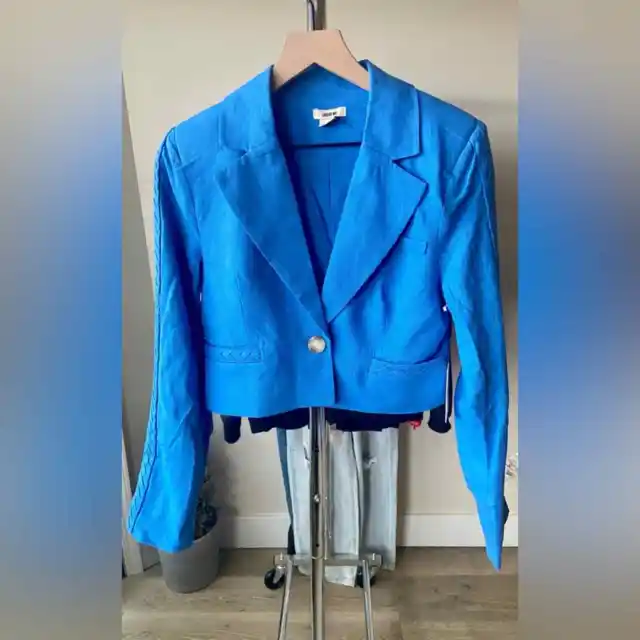 S🔖 Jason Wu Blazer Cropped Shoulder Pad Linen Blend Cobalt Blue Braided Detail