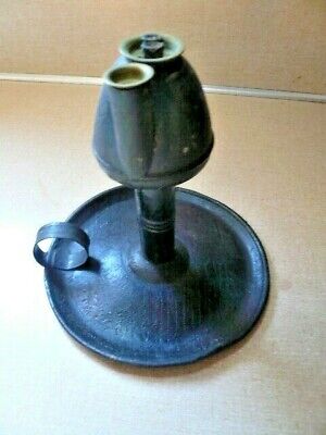 Antique Primitive 1850s TIN WHALE OIL FINGER LAMP with Saucer 2 Wicks Old Paint