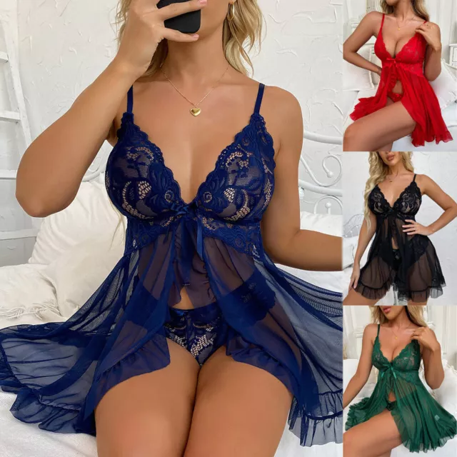 Womens Sexy Lingerie Sleepwear Nightwear Underwear Teddy Babydoll Lace Dress Set