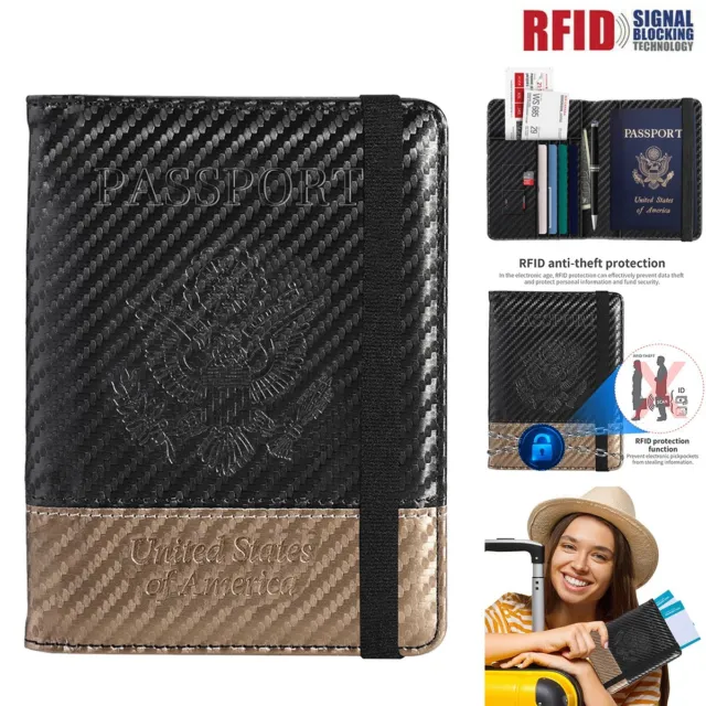 Carbon Fiber Travel Passport Holder RFID Blocking Card Wallet Pouch Case Cover