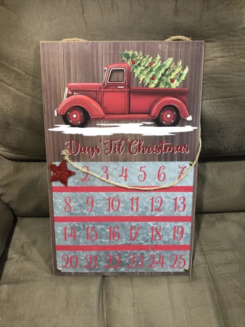 Christmas Wood Hang Up Calendar "Days ‘Til Christmas" Red Farm Truck 18.5”x11.5”