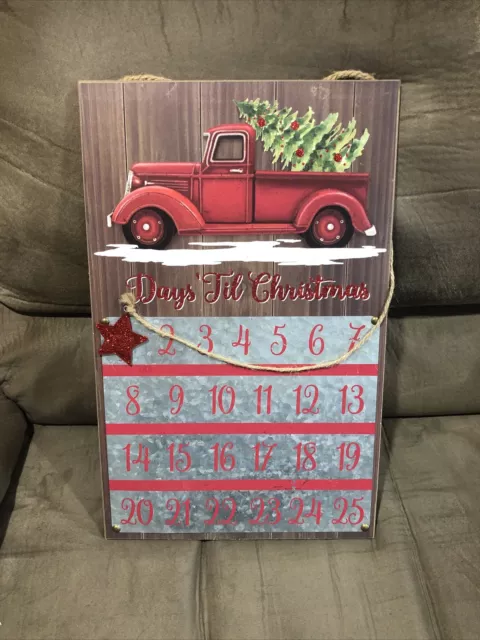 Christmas Wood Hang Up Calendar "Days ‘Til Christmas" Red Farm Truck 18.5”x11.5”