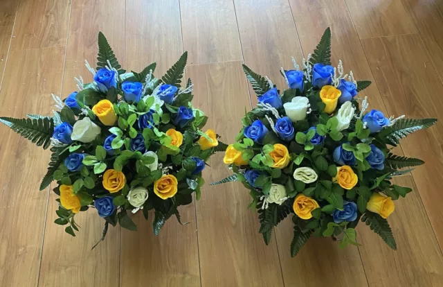 2 X Flat Back Artificial Silk Flower  Grave Pots Blue Roses Fathers Day Memorial
