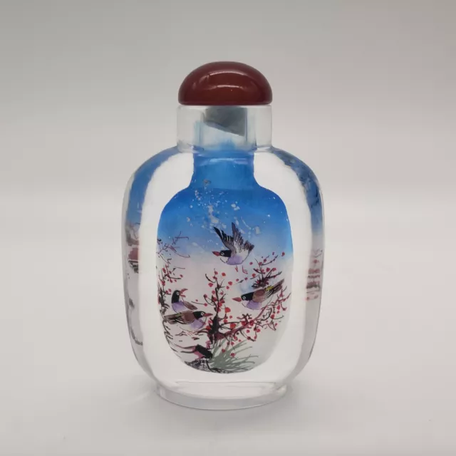 Chinese Glass Snuff Bottle Reverse Painted Birds Blue