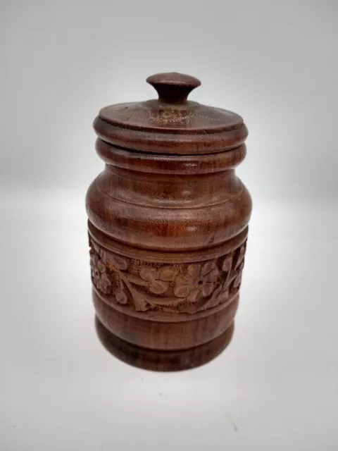 Vintage Brown Wooden Decorative Hand Carved Container Jar  Box Lidded Pot 5"