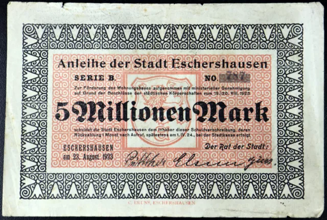 ESCHERSHAUSEN 1923 Radar No. 787! Rare 5 Million Mark Inflation Notgeld Germany