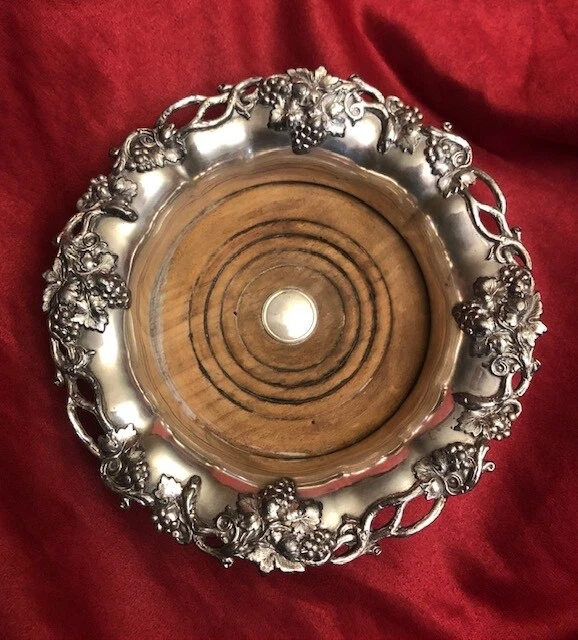 Vintage Silver Plated Wine Bottle  Coaster/Holder Wood Bottom Grapes Vines