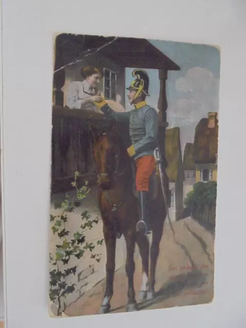 Künstler AK Spruch: Sei gedenk usw. Soldat,Frau,Pferd,Häuser usw. gel.21.VI.15