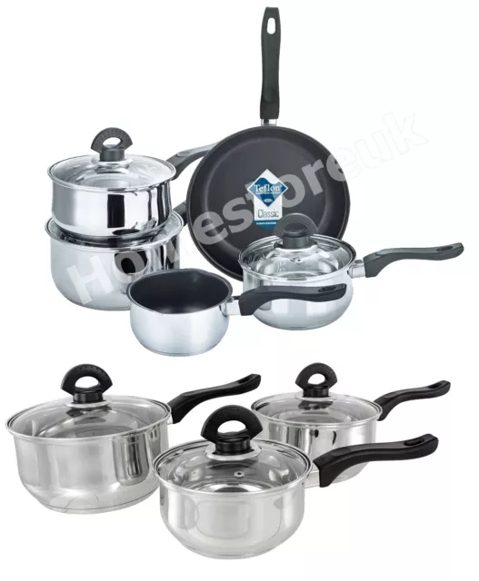 Set Of 3/5 Induction Glass Lid Saucepan Non Stick Frying Pan Pot Cookware Steel