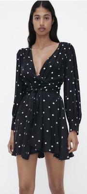 ZARA Charcoal Black Grey White Spot Polka Dot Printed Dress Floaty Size Medium