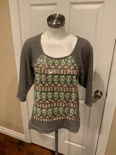 Plenty by Tracy Reese Gray Sweatshirt with Shimmering Bright Embroidery, Size S