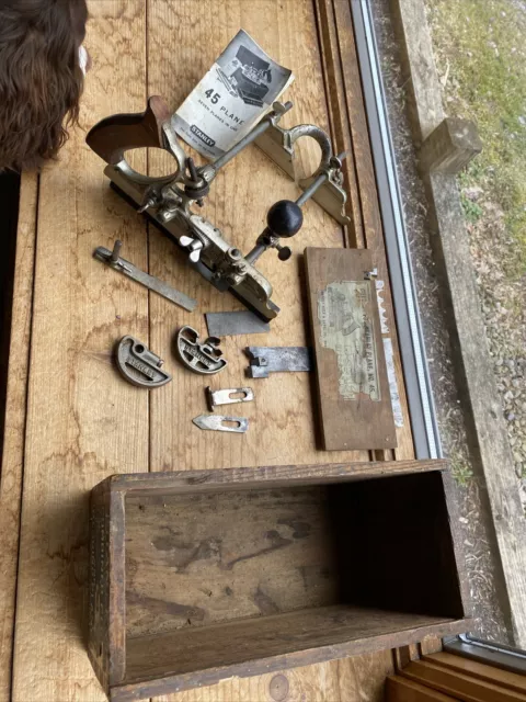 Antique Stanley No. 45 Combo Plow & Beading Plane W/set Of Cutters & Box NO RESV