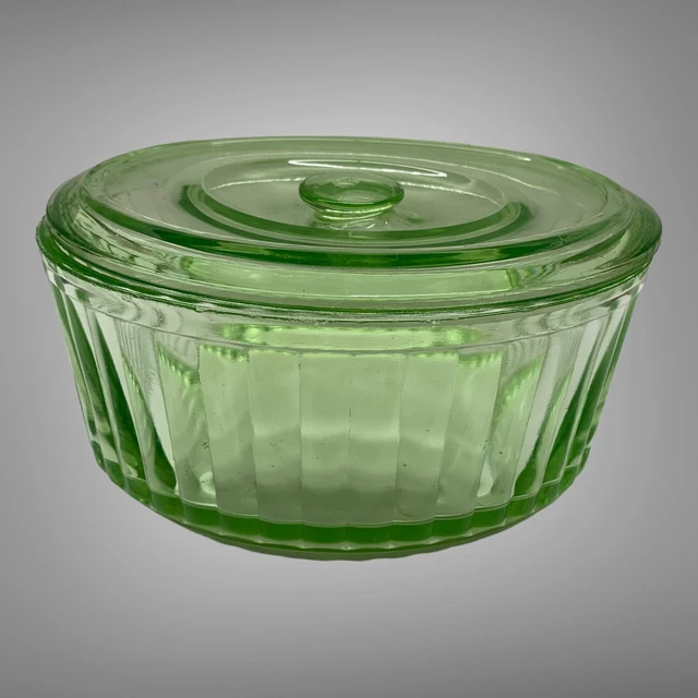 VINTAGE URANIUM GREEN Depression Glass Oval Butter Refrigerator Dish