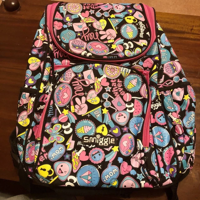 GIRLS SMIGGLE ICON Emoji BFF Talk Love Print Backpack Black Pink