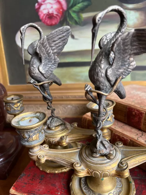 Paire de Bougeoirs Bronze XIX Eme Cigogne & Serpent & Tortue Candelstick