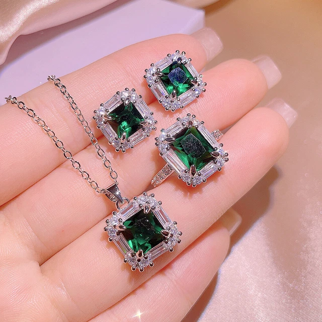 Women 925 Silver Filled Pendant Necklace Earrings Ring Emerald Stone Set Jewelry