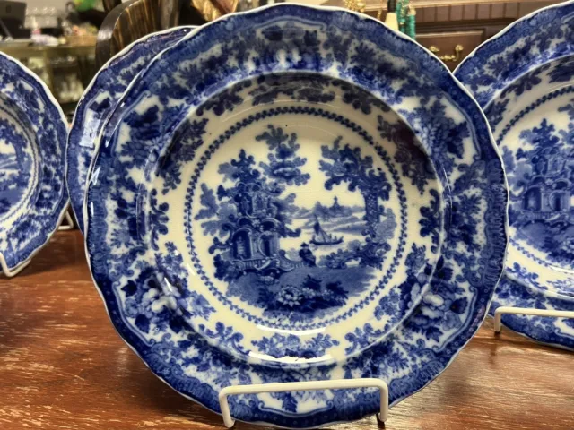 1 Stunning Antique William Adams Fairy Villas Flow Blue Rim Soup Bowl