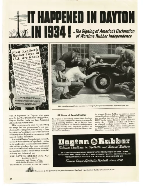1943 Dayton Rubber Co. Executives check first synthetic rubber tires Print Ad
