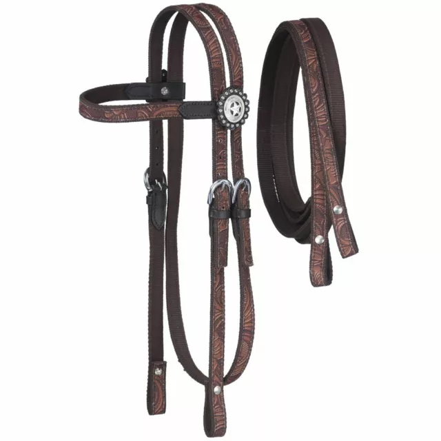 Tough 1 Synthetic Nylon Webbing Bridle & Reins Leather Print Conchos Brown Full