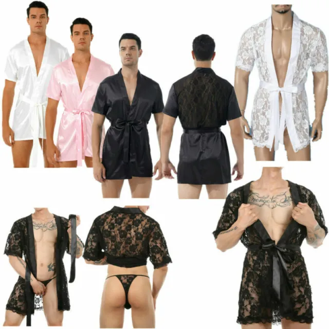 Men's Sexy Satin Lace Lingerie Nightwear Robe Short Kimono Sleepwear Loungewear