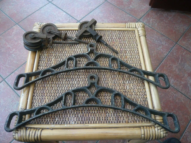 Set Vintage 1930,S Iron Clothes Airer Ceiling Pully Wheels & Wood Slat Brackets