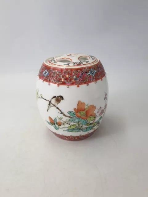 Chinese Famille Vert Ginger Jar Pot Hand Painted Floral Perching Bird Flat Lid