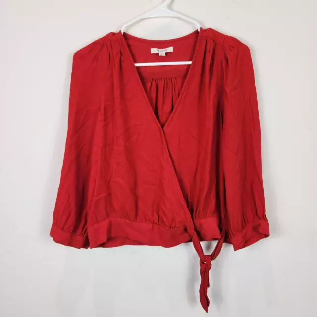 Madewell Blouse Women's Small Red V Neck Long Sleeve Lightweight Tie Viscose