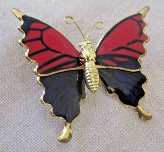 Broche Papillon Vintage En émail Rouge Et Noir - Bijou Ancien, Parfait état, Couleur Or
