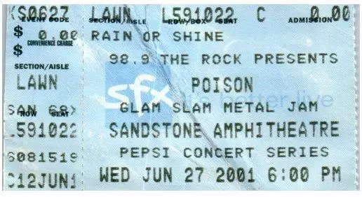 Vintage Poison Ticket Stub June 27 2001 Bonner Springs Kansas