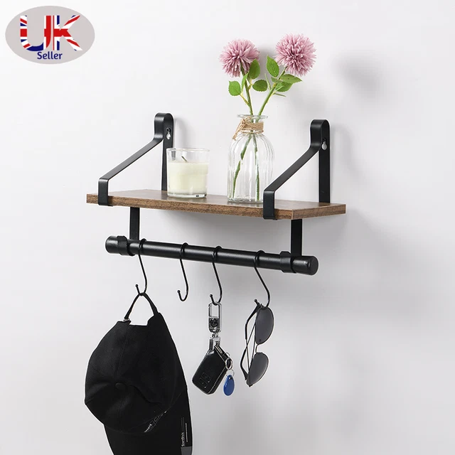 1 Tier Shelf Black Metal Frame Wire Deco Floating Wall Shelves MDF With Hooks