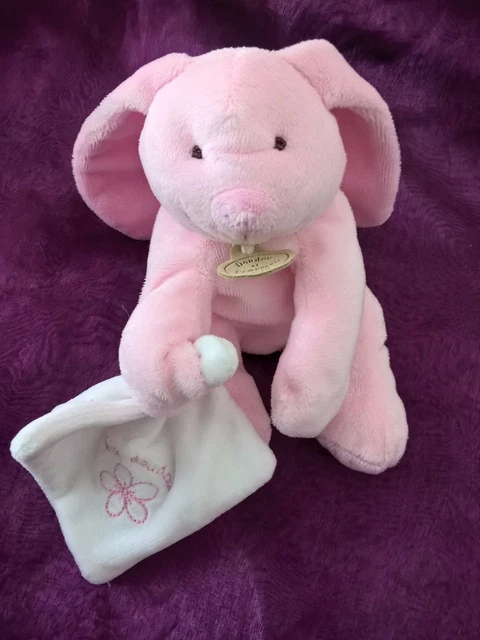Peluche Doudou mouchoir Lapin rose blanc  DOUDOU ET COMPAGNIE 12cm assis