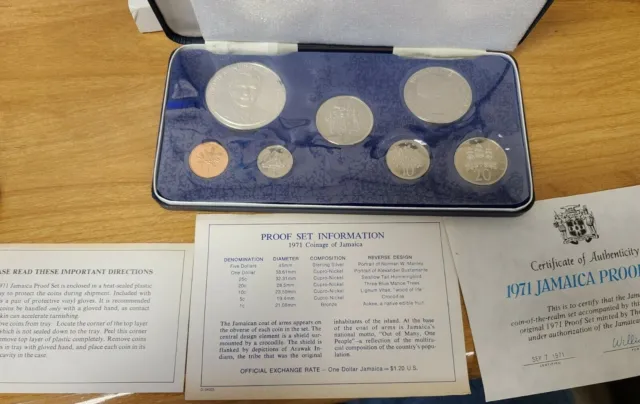 1971 JAMAICA - OFFICIAL PROOF SET (7) - w/ 1.25 Oz SILVER CROWN - ORIG. PKG, COA