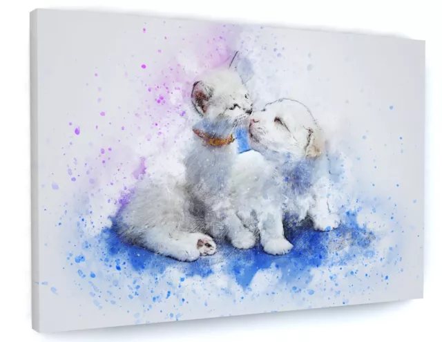 Cute Cat Kitten And Puppy Dog Canvas Picture Print Wall Art Framed A753