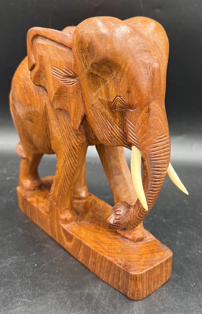 Handmade Wooden Elephant Statue On Base Hand Carved Solid Wood 8x8x4”