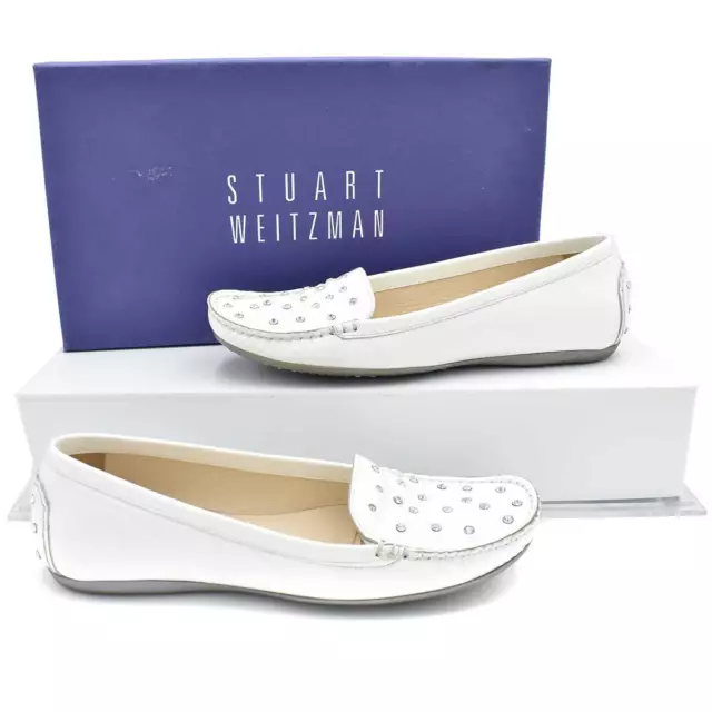 Stuart Weitzman Chips White Patent Leather Crystal Studded Loafers Flats sz 5.5