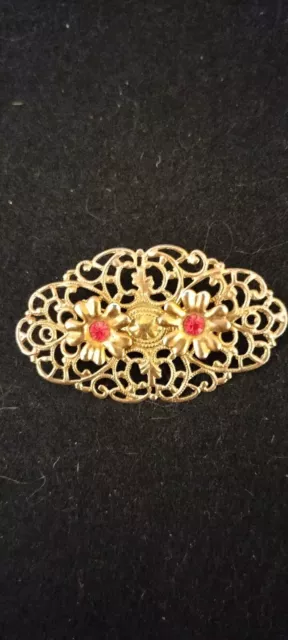 Beautiful Antique CZECH Gold Tone Brooch with Red Glass Stones Inside 2 Flowers 2