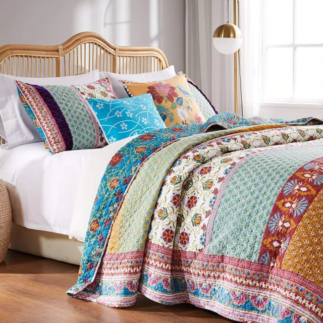 THALIA BOHEMIAN 2pc Twin QUILT SET : REVERSIBLE RETRO MEDALLION RED BLUE FLORAL