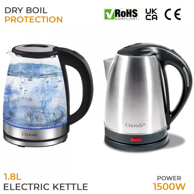 Electric Kettle Stainless Steel Cordless Jug 1.8L LED Overheat Protection 1500W