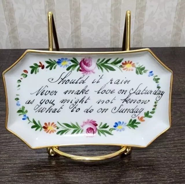 Limoges Vieille Small Trinket Tray w/Saying Paris France Floral Gold Vintage