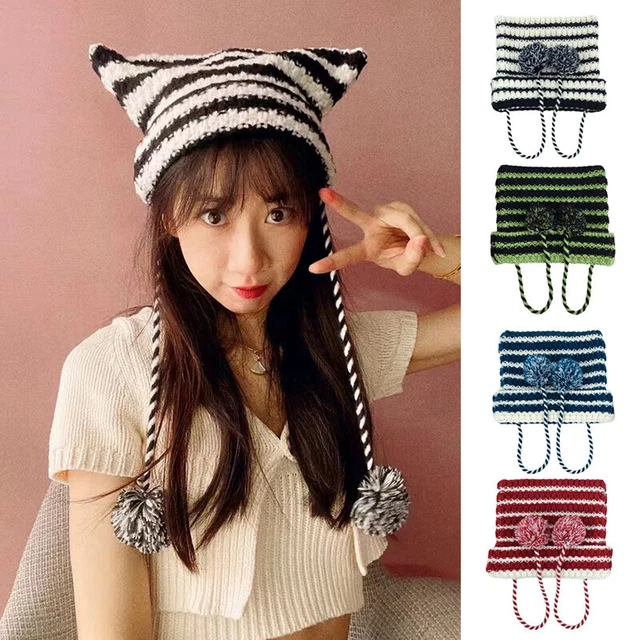 Donna a Righe Maglia Cappello Punta Pullover Stile Giapponese Berretto Cari ☽