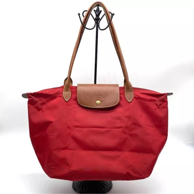 Longchamp Le Pliage Medium Red Nylon Brown Leather Shoulder Tote Shopping Bag