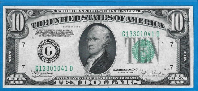 1934 C $10 FRN G-Chicago,Wide Face Variety,Green Seal,Circ CH Crisp VF,Nice!