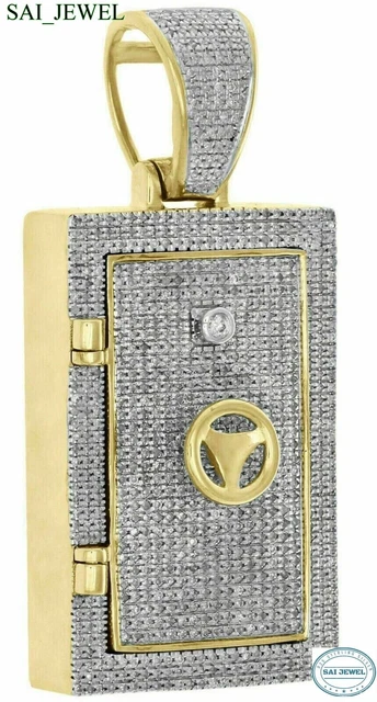 14K Yellow Gold Plated Real Moissanite Vault Safe Box Pendant 2" Charm 4.00 Ct