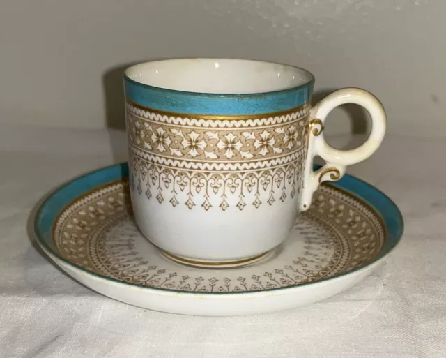 Royal Worcester Pattern B853 Turquoise Floral Gold Demitasse Cup & Saucer 1889